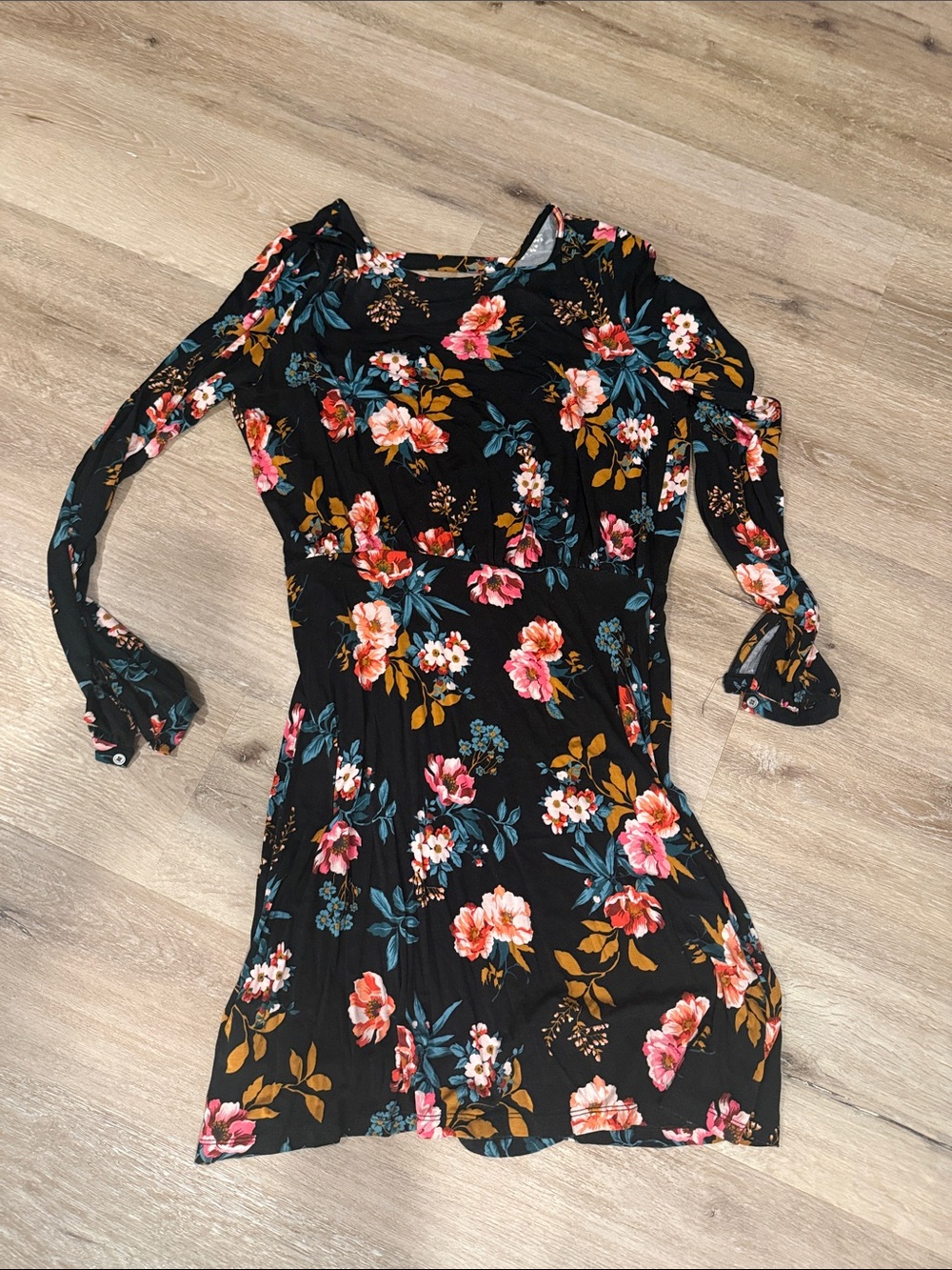 Loft Black Floral Long-Sleeve Women's Dress with Pink & Teal Accents